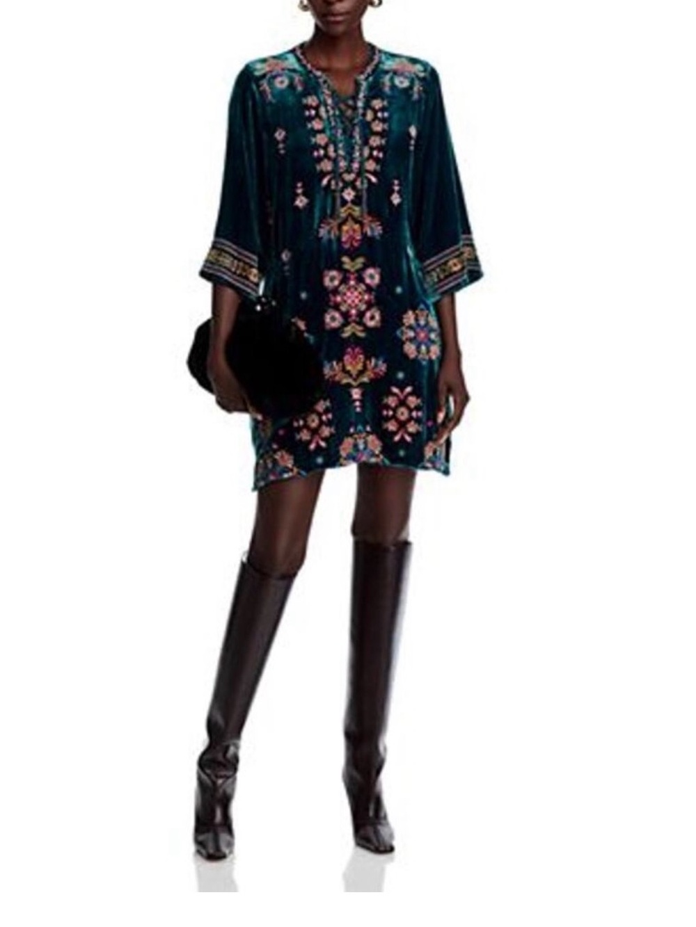 Johnny Was Teal Green Velvet Embroidered Lace-Up Dress - Picture 4 of 5